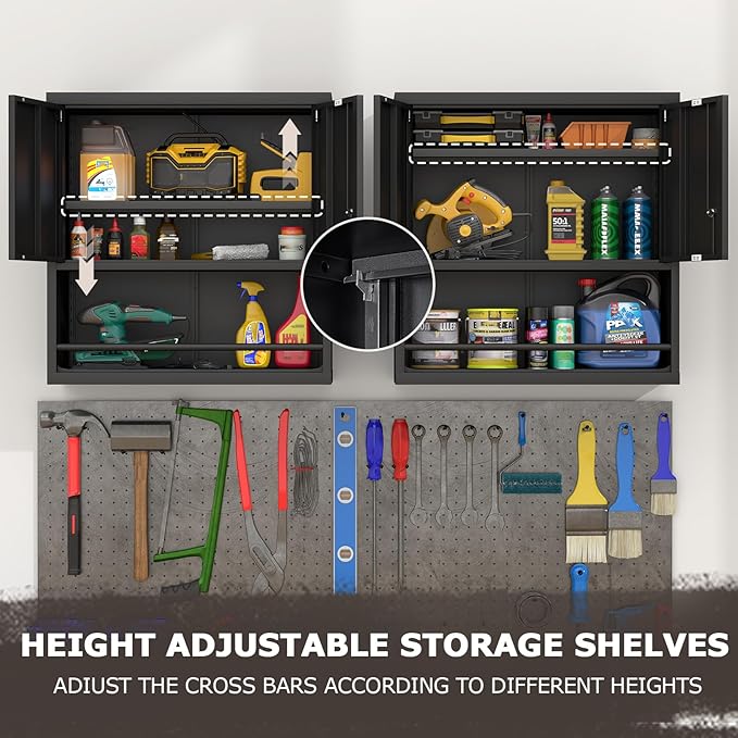 LUCYPAL Garage Storage Cabinet with Locking Doors and Shelves,Black Metal Wall Cabinets for Garage,Floating Upper Storage Cabinet for Warehouse/Basement/Kitchen/Home Office