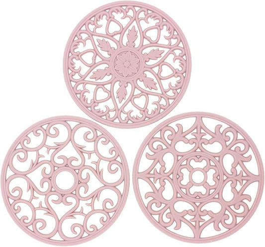 Smitchraft Silicone Trivets for Hot Dishes, Pots & Pans, Hot Pads for Kitchen Quartz Countertops, Silicone Pot Holders Mat, Multi-use Carved Heat Resistant Mat for Counter & Table, Set 3 Pink