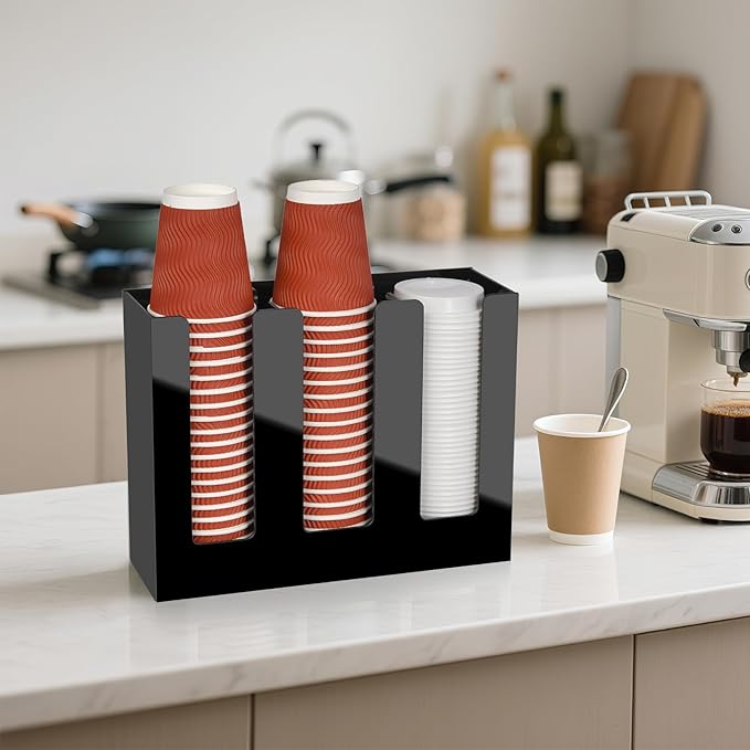 MYITYARD Coffee Cup Holder, Cup and Lid Organizer fits 5 to 16 oz Disposable Paper & Plastic Cups, Cup Dispenser Countertop, Acrylic Cup Storage for Home, Kitchen, Office (3 Compartment)
