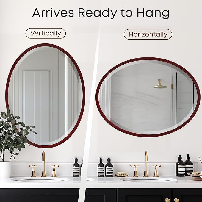 OVALCREST - Oval Wooden Beveled Wall Mirror for Home Decor, Bathroom, Vanity, Bedroom, Living Room, Hallway - London Style (Black Cherry) 25.1 x 31.1