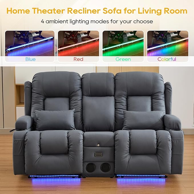 IPKIG 67" Power Reclining Loveseat Sofa, Electric Home Theater Seating with Console/4 Colors Ambient Lighting/Bluetooth Speakers/USB Ports/Built-in Outlets (Light Blue, Loveseat Recliner)