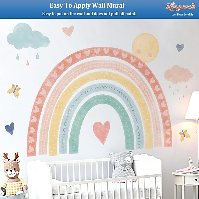 Large Watercolor Rainbow Wall Decals, Boho Sun Clouds Peel and Stick Fabric Nursery Wall Decor, Home Room Wall Decor Murals Stickers for Kids Girls Toddler Bedroom Living Room Playroom