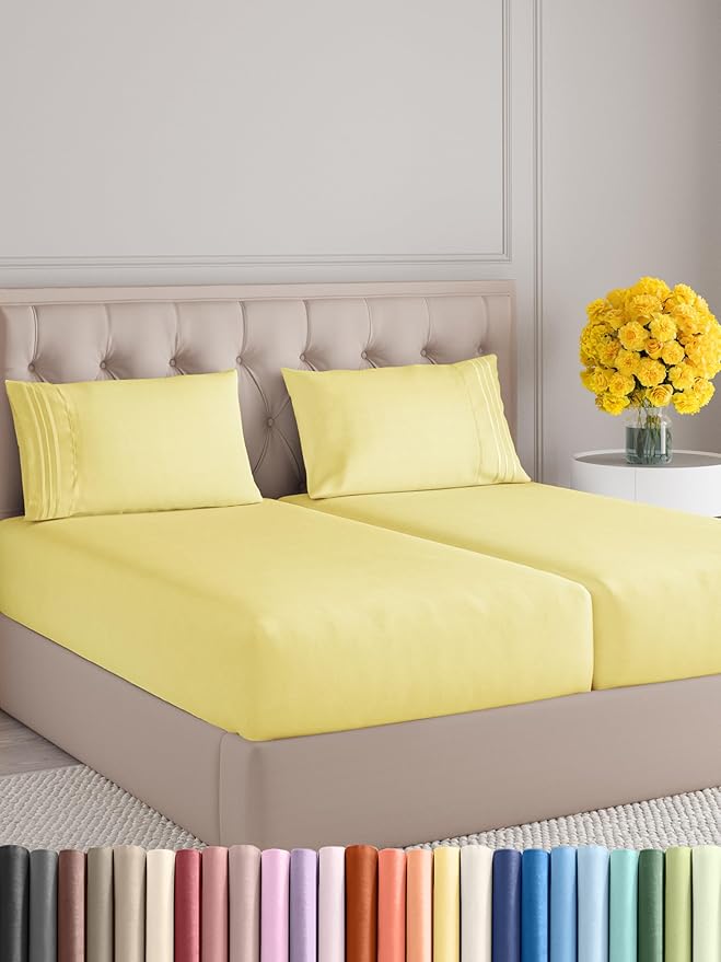 Split King Size 5 Piece Sheet Set - Comfy Breathable & Cooling Bed Sheets Set - Hotel Luxury Bedding for Women, Men, Kids, Teens, Boys & Girls - Deep Pockets, Soft, Wrinkle Free - Oeko-Tex - Yellow