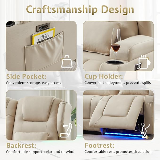 SAMERY Power Loveseat Recliner Sofa with Adjustable Split Back, Multi-Port Charger, Flip-Up Backrest & LED Lighting - Home Theater Seating with Storage, Cup Holders, Beige Fabric Loveseat Recliner