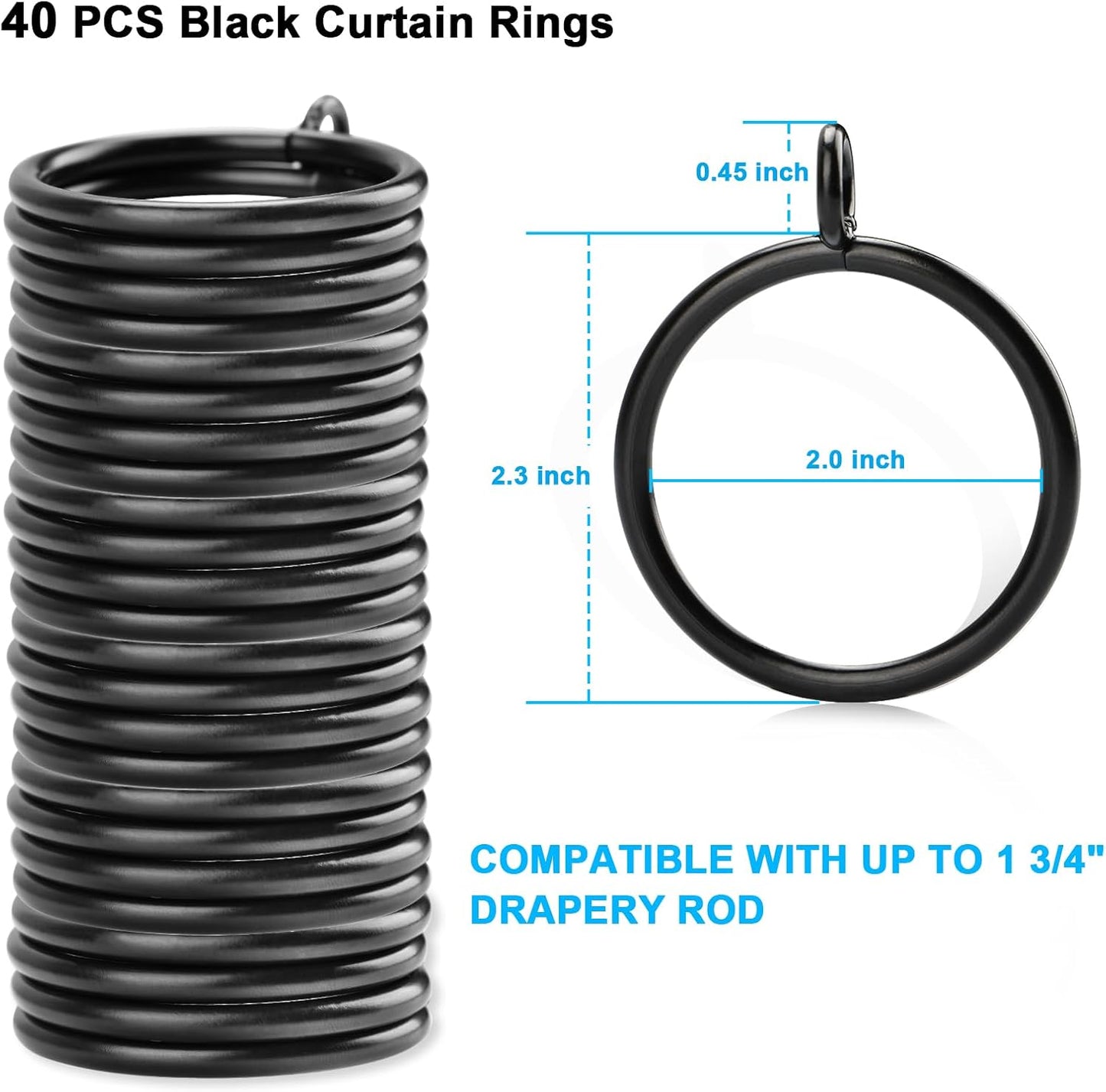 40 PCS Black Curtain Rings with Eyelet Apply for Fits Up to 1.75 inch Curtain Rod (Black Drapery Rings)