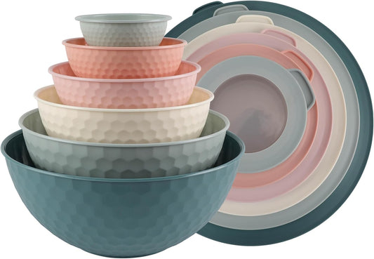 COOK WITH COLOR Mixing Bowls with Lids - 12 Piece Plastic Nesting Bowls Set includes 6 Prep Bowls and 6 Lids, Non Slip Bottom and Embossed Design - Microwave Safe (Teal)