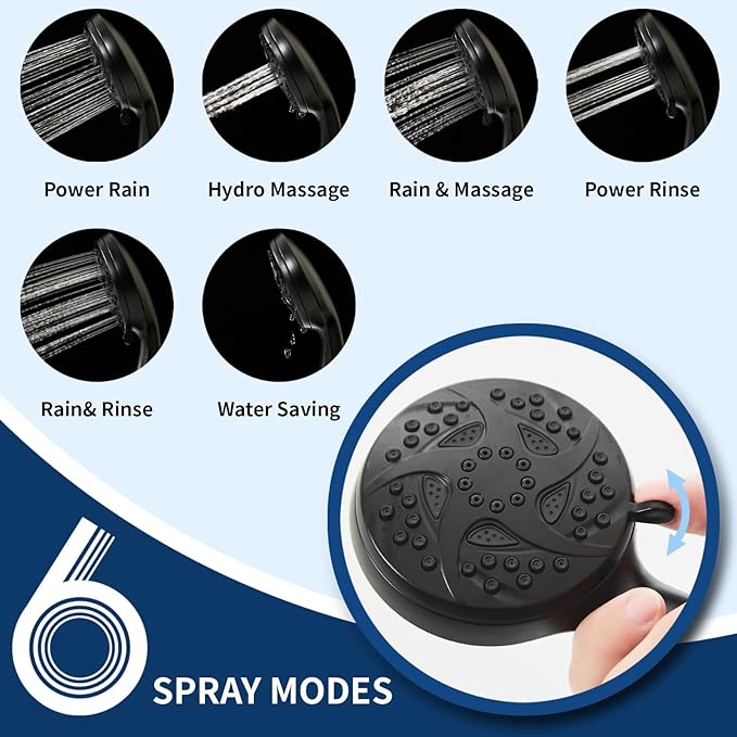 Hand Held Shower Head, High Pressure 6 Spray Mode Handheld Showerhead, Matte Black Shower Head with 59 Inch Stainless Steel Hose and Adjustable Bracket