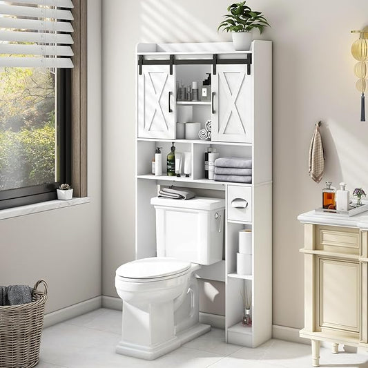 Over The Toilet Storage Cabinet, Farmhouse Storage Cabinet Over Toilet with Sliding Doors，Home Space-Saving Toilet Rack, for Bathroom, Restroom, Laundry