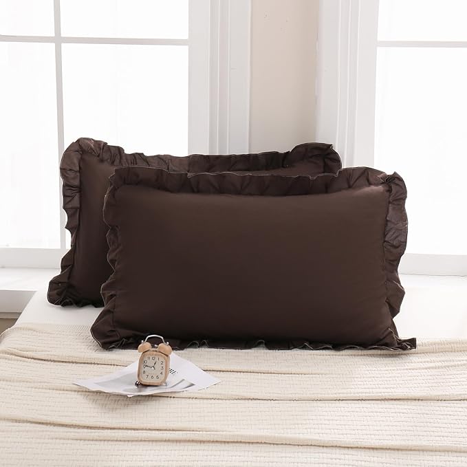 Merryword Dark Brown Pillow Shams Chocolate Queen Pillowcases Cute Pillow Cover Set of 2 Soft Shabby Chic Ruffled Pillowcases 2 Pack (Queen (20''x30''), Chocolate)