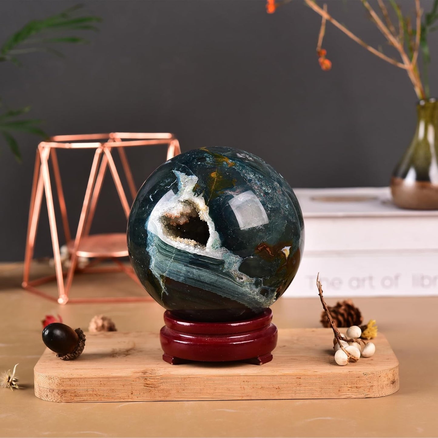 JIC Gem Large Healing Crystal Sphere with Stand Ocean Jasper Crystal Gemstone Decorative Ball for Home Decor Altar Reiki Healing Gift 90-100mm