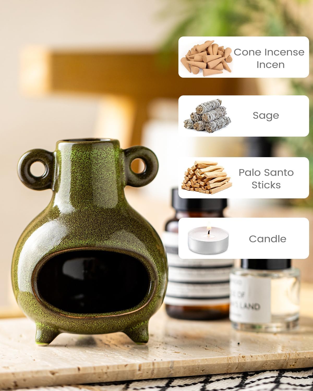 Ceramic Palo Santo Holder, Modern Incense Holder Burner for Sticks Sage Bundles Cone Incense, Chimenea Incense Dish for Meditation Decor, Green
