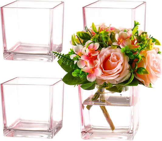 Square Glass Vases Set of 4, 5" x 5" x 5" Pink Flower Vases for Centerpieces, Square Vase for Flowers, Small Vase for Wedding, Party, Home Office Decoration