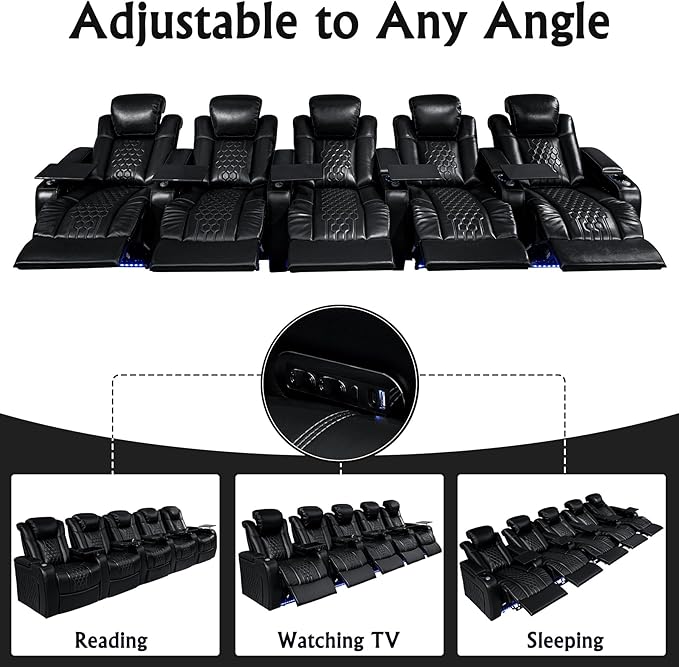 Home Theater Seating, Living Room, Heat & Massage, Powered Headrest, Powered Lumbar, Italian Leather, Powered Recline, Single Recliner (Black, Row of 5)