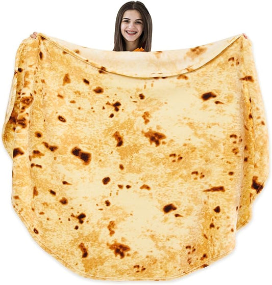 Vessia Burritos Tortilla Blanket Throw Size(Yellow,71 inches), Giant Realistic Funny Food Throw for Adults and Kids, 300 GSM Double Sided Soft Novelty Round Taco Blanket