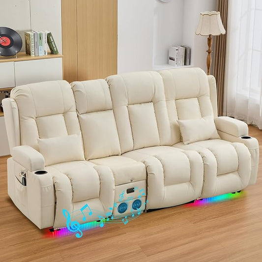 IPKIG 89" Power Reclining Loveseat Sofa, Electric Home Theater Seating with Console/4 Colors Ambient Lighting/Bluetooth Speakers/USB Ports/Built-in Outlets (Off-White, 3-Seater with Console)