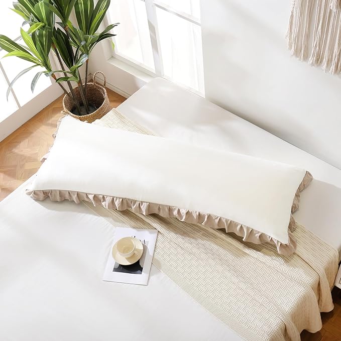 Merryword Taupe Body Pillow Cover 20x54inches White and Taupe Reversible Long Pillowcase Ruffled Body Pillowcases Cute Pillowcase Pillow Sham (1 Body, White Taupe)