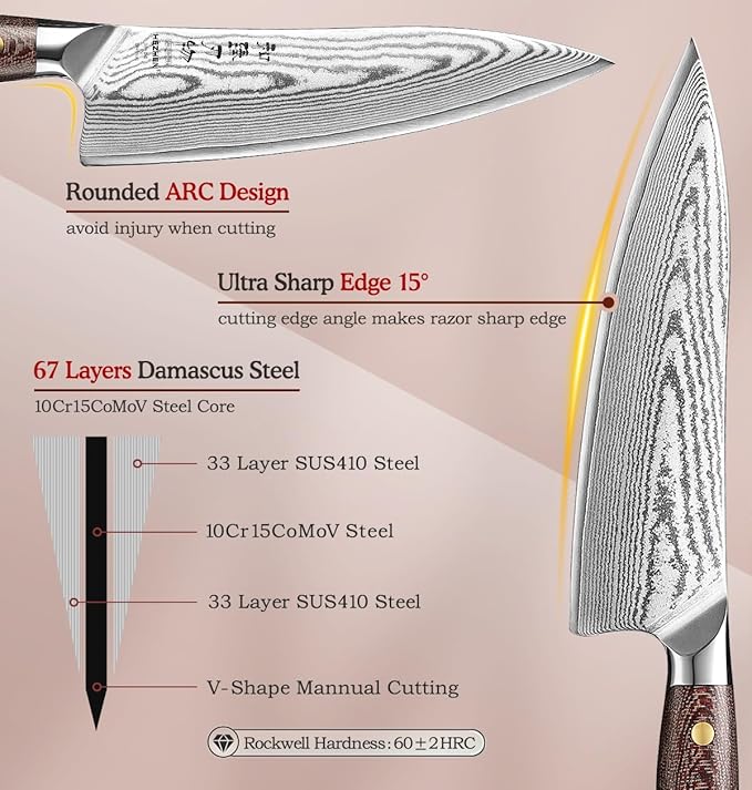 HEZHEN Damascus Chef Knife with Sheath, 8.3 Inches, 67 Layers Dmascus Steel Japanese Kitchen Knifefor Professional Chefs and Family, Micarta Handle,Gift Ready