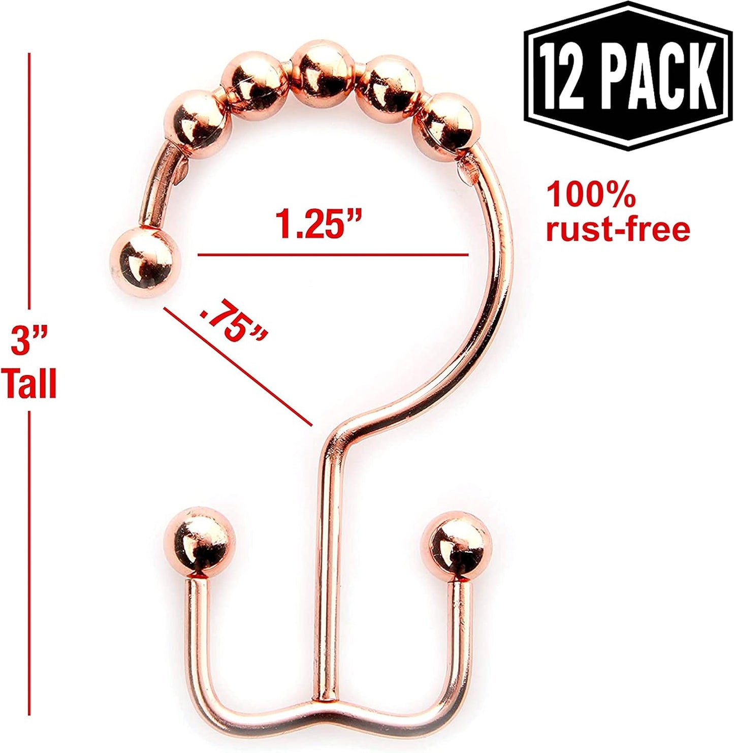 2lbDepot Copper Shower Curtain Hooks Rings, Premium Rust-Resistant Stainless Steel Metal, Double Dual Sided Hooks, Glides Effortlessly on Bathroom Shower Rods, Set of 12 Decorative Copper Hooks
