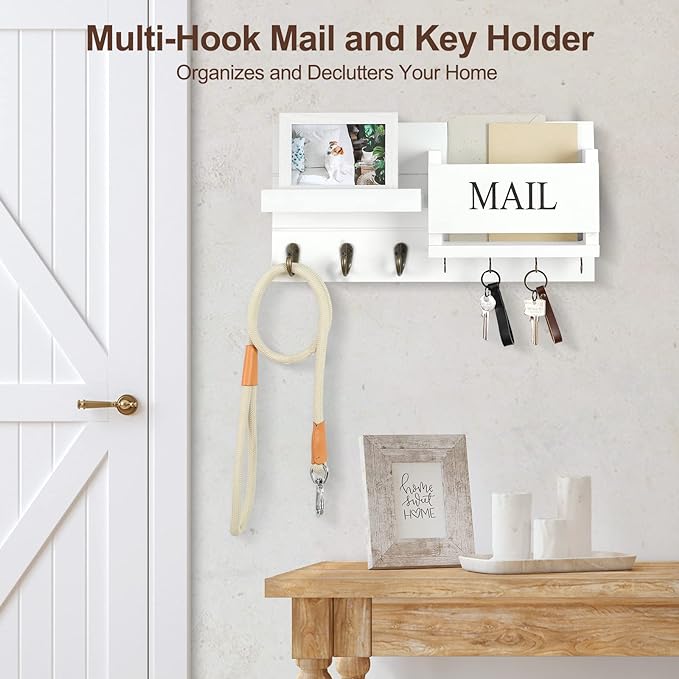Mail Organizer for Wall Mount – Key Holder with Shelf Includes Letter Holder and Hooks for Hallway Farmhouse Decor – Rustic Wood with Flush Mounting Hardware (16.5” x 9.1” x 3.4”) (White)