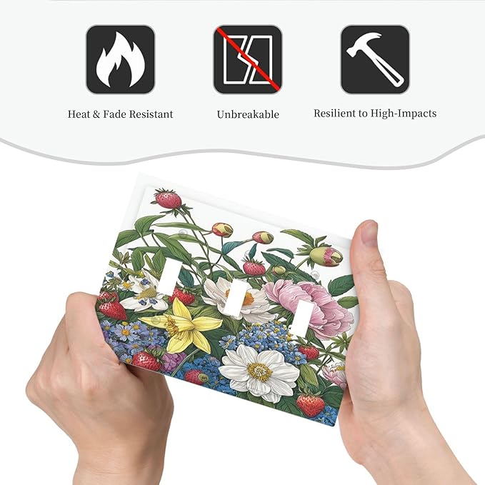 Spring Watercolor Flower Plant Strawberry Peony Floral Decorative Switch Plates 3 Gang Wall Plate Faceplate Electrical Wall Panels Triple Toggle Light Switch Cover for Bedroom living Room Decor