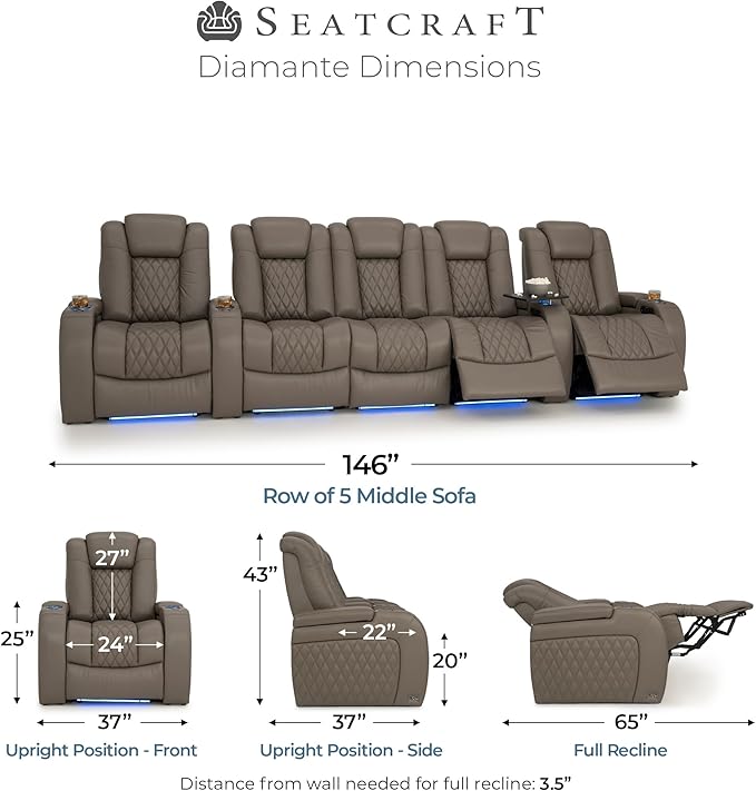 Seatcraft Diamante Zero-Gravity CoolZero Italian Leather Home Theater Seating, Power Headrest, Power Recline, Row of 5 Middle Sofa, Gray