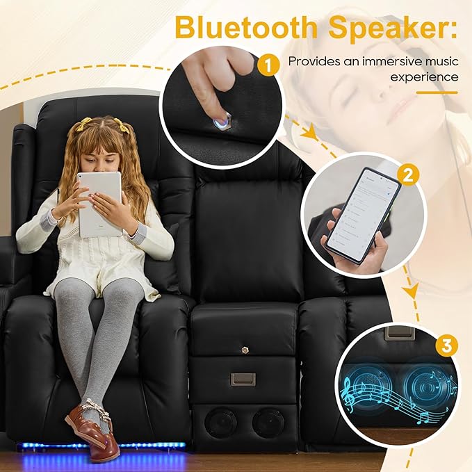 IPKIG 89" Power Reclining Loveseat Sofa, Electric Home Theater Seating with Console/4 Colors Ambient Lighting/Bluetooth Speakers/USB Ports/Built-in Outlets (Black, 3-Seater with Console)