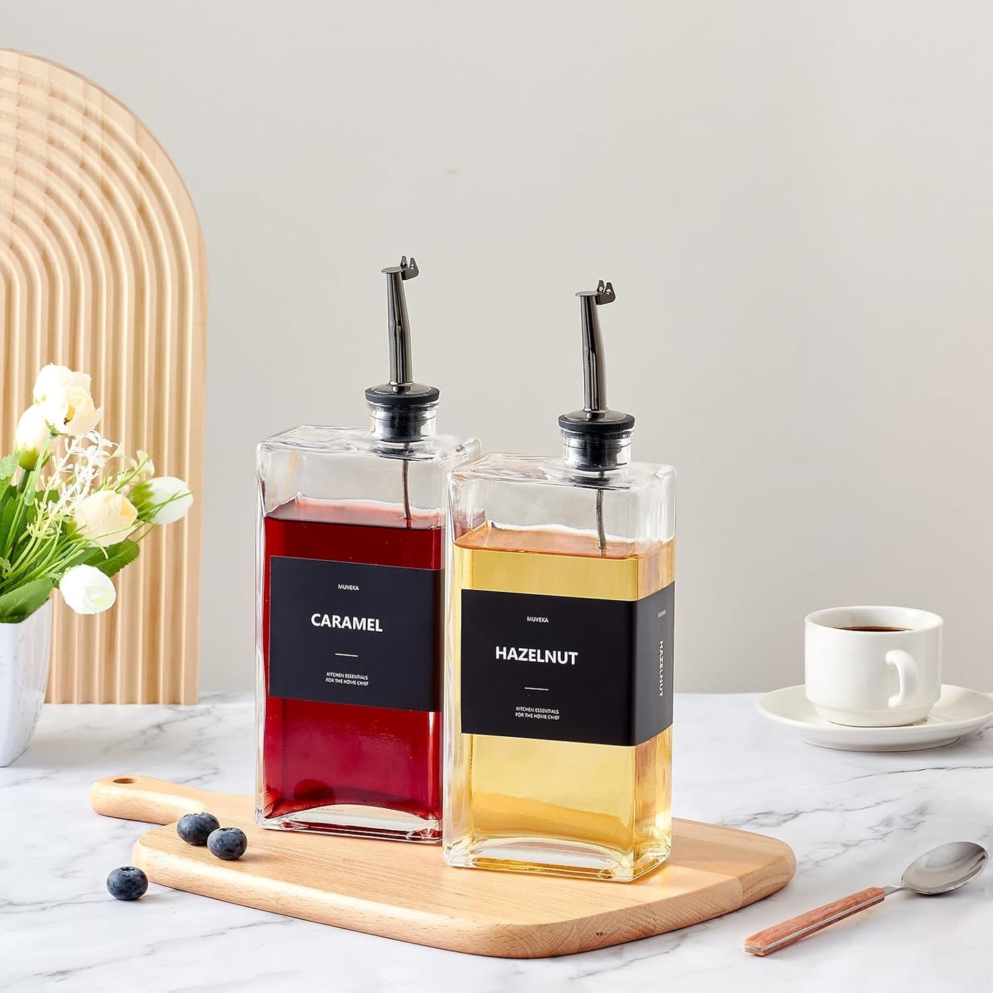 Olive Oil Dispenser Bottle for Kitchen, 16.9 oz/ 500 ml Cooking Oil Container, Glass Oil Dispenser Set, Glass Cruet for Oil with Pourer Spouts, Coffee Syrup Dispenser