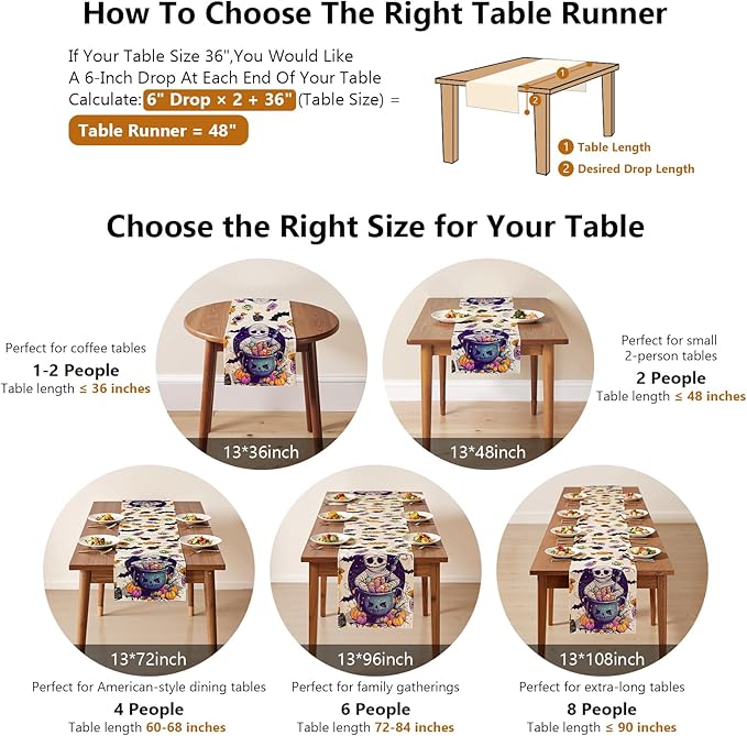 Halloween Table Runner with Mummies,Pumpkins & Candy,Table Decoration for Dining Party and Home Decor,48x13 inches