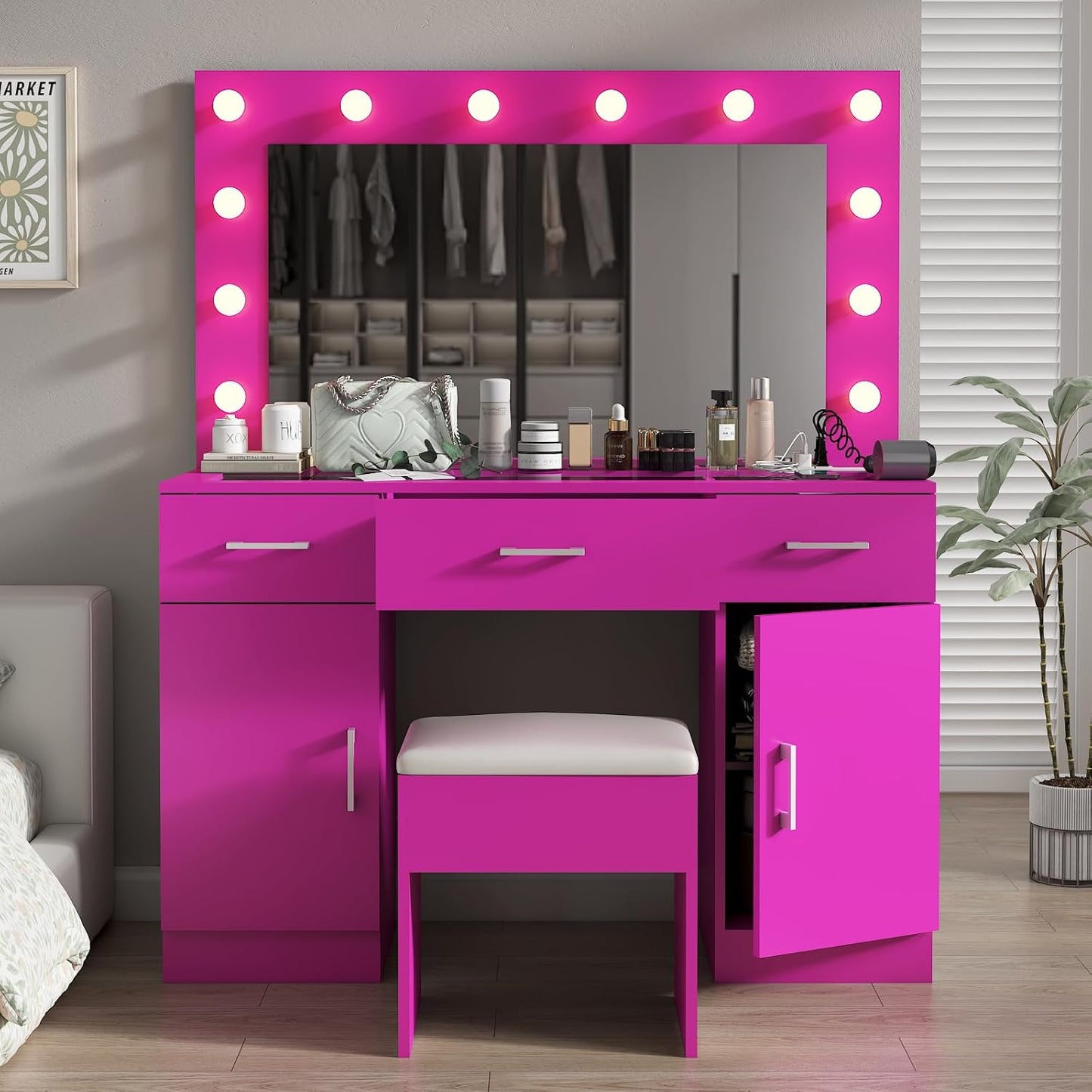 Karl home Vanity Desk with Large Lighted Mirror & Powre Outlet, Glass Tabletop Makeup Vanity Set with 3 Drawers & 2 Cabinet, 45.3" Make up Dressing Table with 12 Lights for Bedroom, Pink
