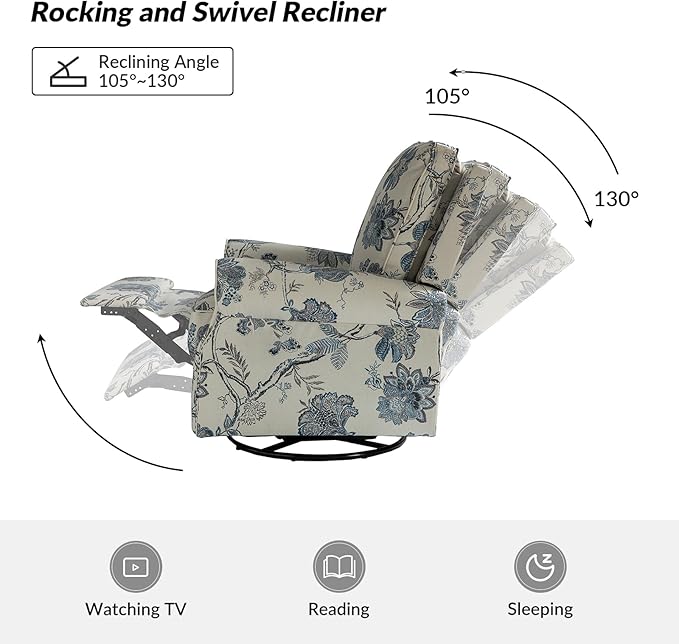 HULALA Home Modern Rocker Recliner, Printed Fabric Swivel Glider with Adjustable Backrest & Footrest, JEACOBEAN