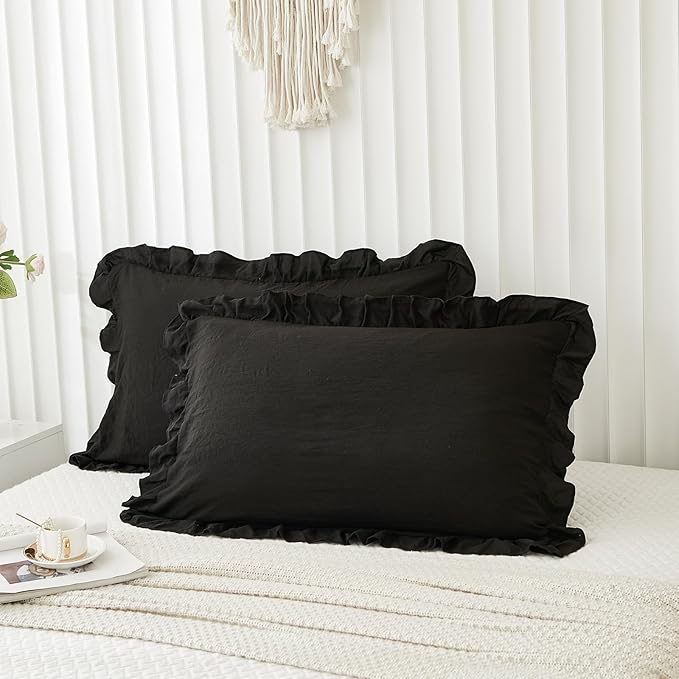 Merryword Black Pillow Shams Standard Pillowcases 20x26inch Black Ruffle Cute Pillow Cover Set of 2 Shabby Chic Soft Microfiber Pillowcases