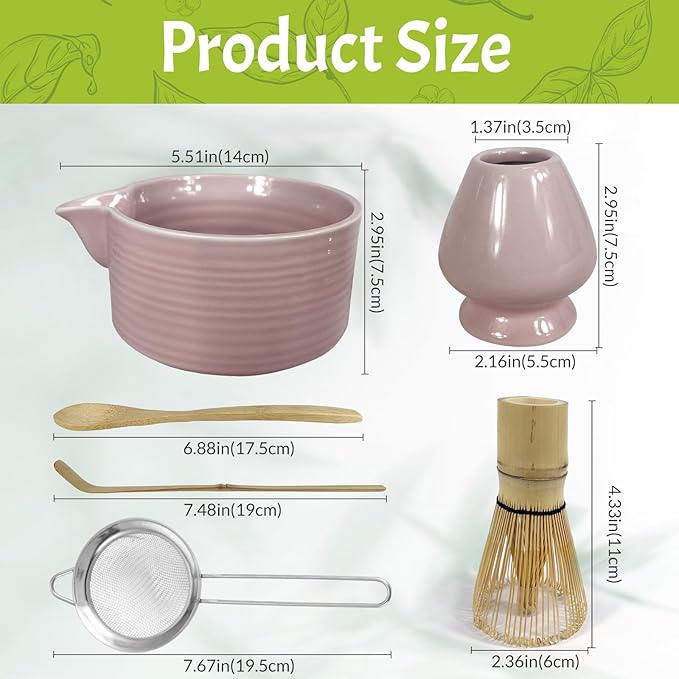 Matcha Whisk Set,6Pcs Matcha Kit Includes Matcha Whisk and Holder,Matcha Bowl with Spout,Matcha Sifter and 2Pcs Matcha Spoon,Suitable as a gift for those who like matcha (Pink)