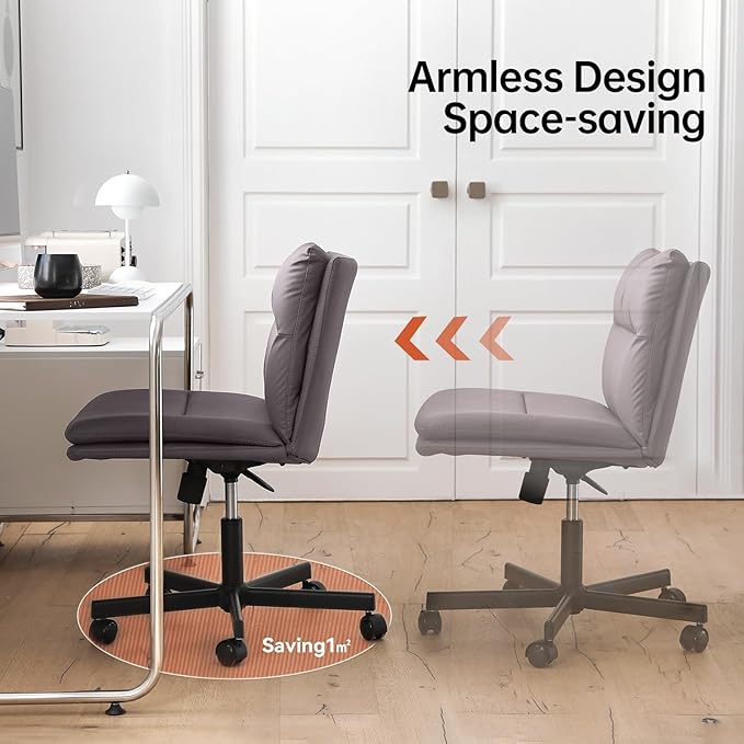 EMIAH Armless Office Desk Chairs with Wheels Criss Cross Chair PU-Leather Mid-Back Ergonomic Home Office Computer Comfortable Thickened Cushion Adjustable Swivel Chair-Chocolate Brown