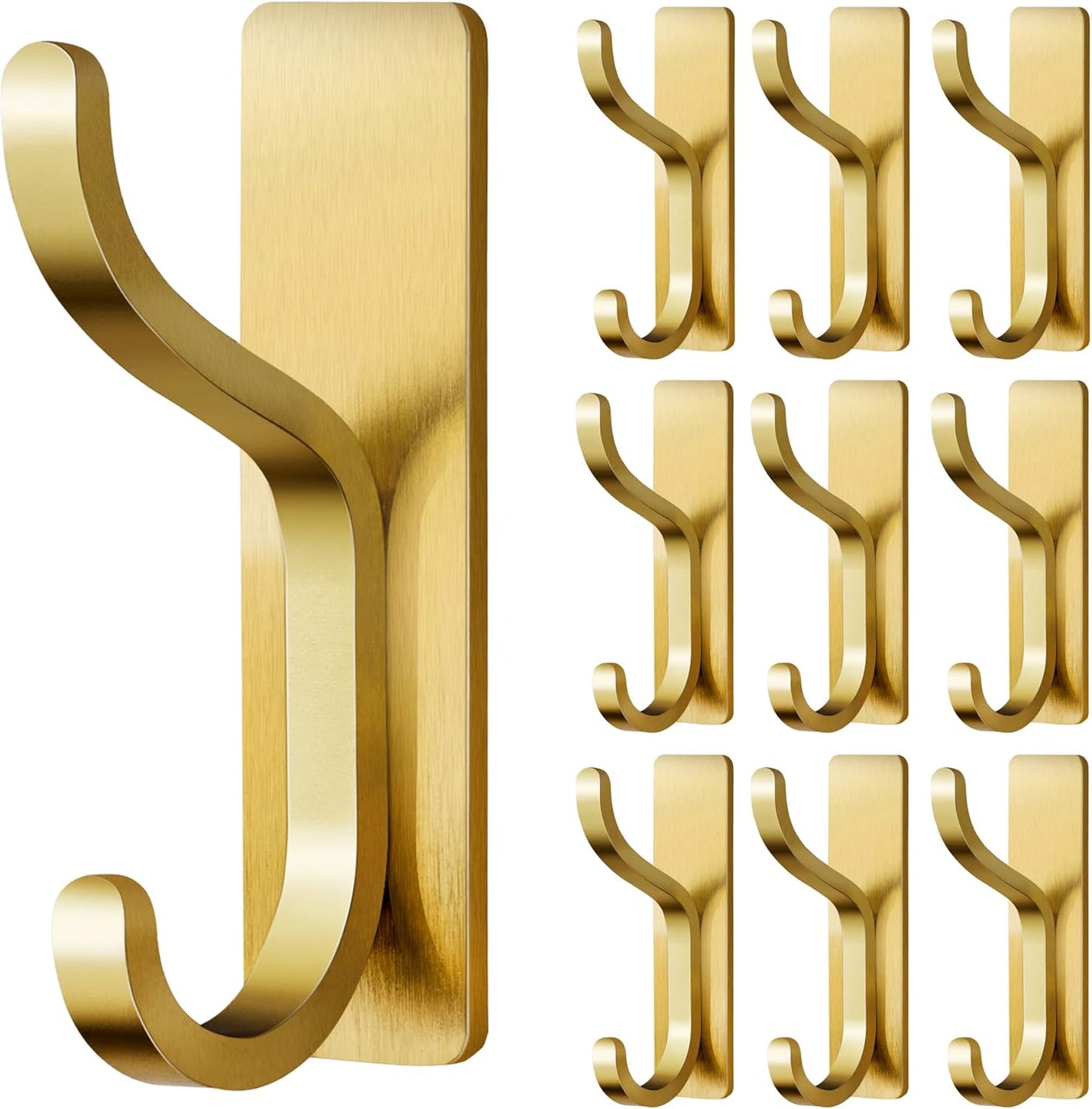 10-Pack Self Adhesive Wall Hooks for Hanging - 13 LB Strong Hold, Sticky Hangers for Coat, Towel, Purse, Keys, Bag - for Wall, Door, Bathroom, Shower, Dorm, Kitchen - Stainless Metal, Gold