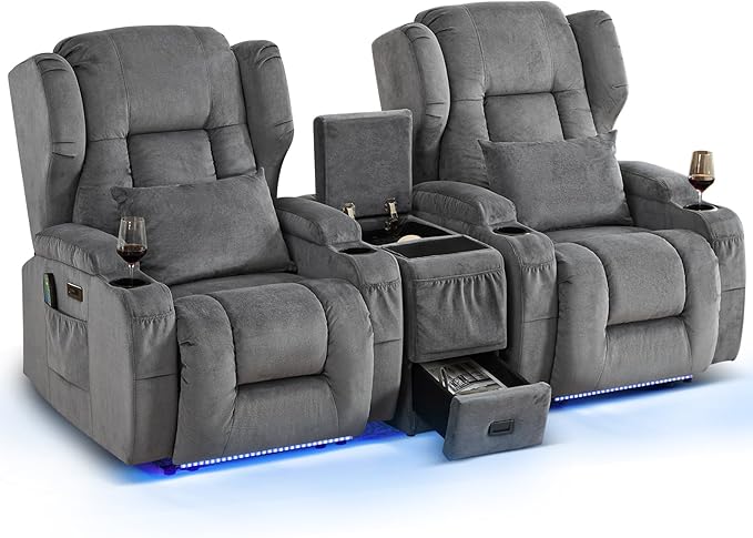 Wall Hugger Power Recliner Chair, Home Theater Seating Electric Recliing Sofa with Massage & Heat, Cup Holder, USB Port, LED Ambient Light, Storage for Living Room (Grey, 2 Chairs + Console)