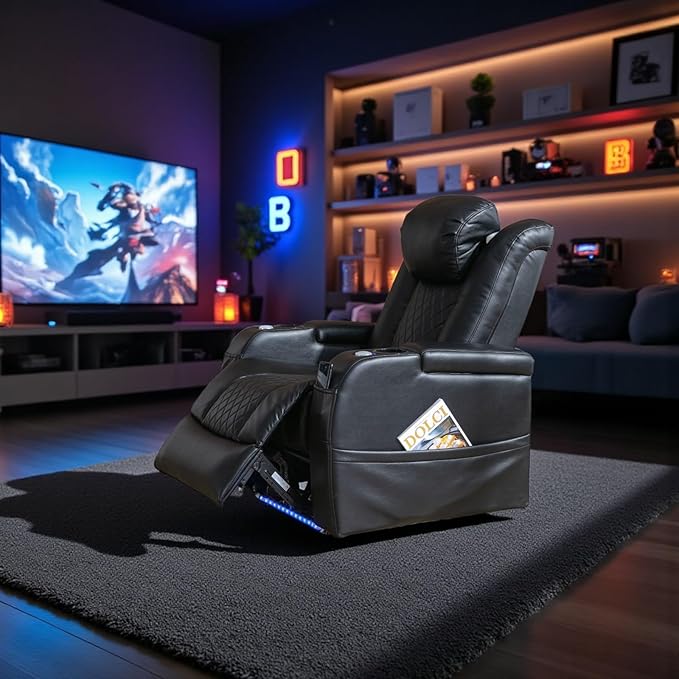 Home Theater Seating Seats, Game Movie Theater Chairs Theater Recliner Sofa with 7 Colors Ambient Lighting, Lumbar Pillow, Side Pocket, Tray Table, Power Recline, Black