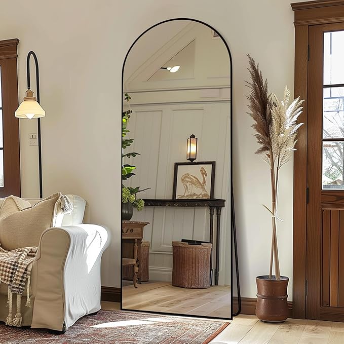 64x22 Arched Full Length Mirror Black,Oversized Floor Standing Mirror with Rust-Resistant Aluminum Frame & Anti-Tilt Base, Modern Arched-Top Design for Bedroom, Living Room, Entryway.