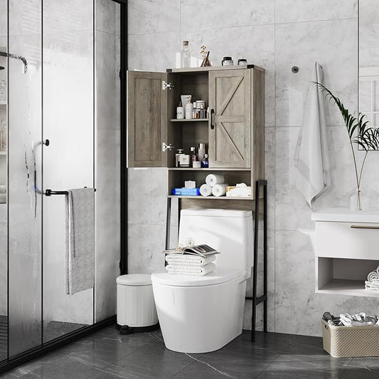 Over The Toilet Storage Cabinet with 2-Door Design Bathroom Organizers and Storage with Anti-Tip Device Over Toilet Organizer with Shelves for Bathroom,Restroom,Laundry Grey
