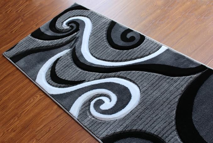 Masada Rugs, Sophia Collection Hand Carved Area Rug Modern Contemporary Grey White Black (2 Feet X 7 Feet 3 Inch) Runner