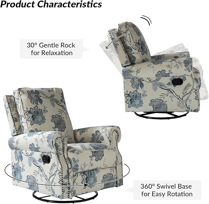 HULALA Home Rocker Recliner Set of 2, Modern Printed Fabric Swivel Glider w/Adjustable Backrest & Footrest, JEACOBEAN
