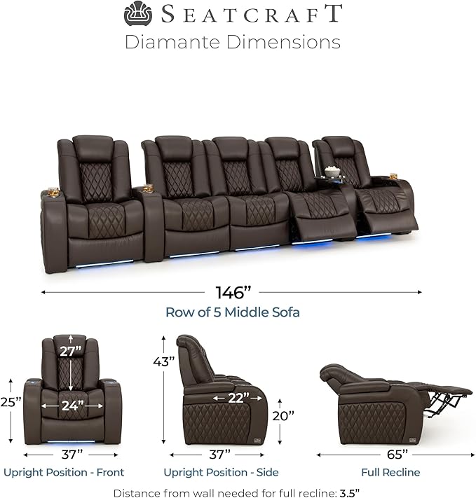 Seatcraft Diamante Zero-Gravity CoolZero Italian Leather Home Theater Seating, Power Headrest, Power Recline, Row of 5 Middle Sofa, Brown