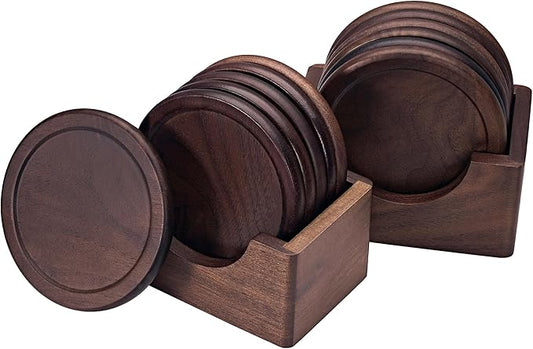 Mu&Ti Two Sets 100% Natural Wood Coaster, Coffee Beer Coaster, Walnut Dark Wood Wonderful Decor for Dining Tables and Office Tables, Holder Included (Black Walnut Two Sets)