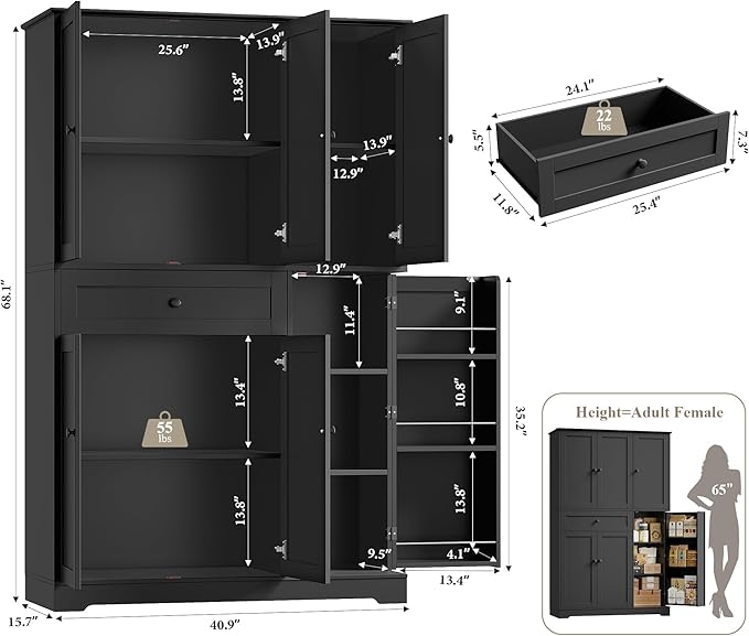 HOSTACK 68" Tall Kitchen Pantry Storage Cabinet, Modern Kitchen Hutch Cabinet with Doors and Shelves, Freestanding Food Pantry with Large Storage Drawer for Dining Room, Living Room, Black
