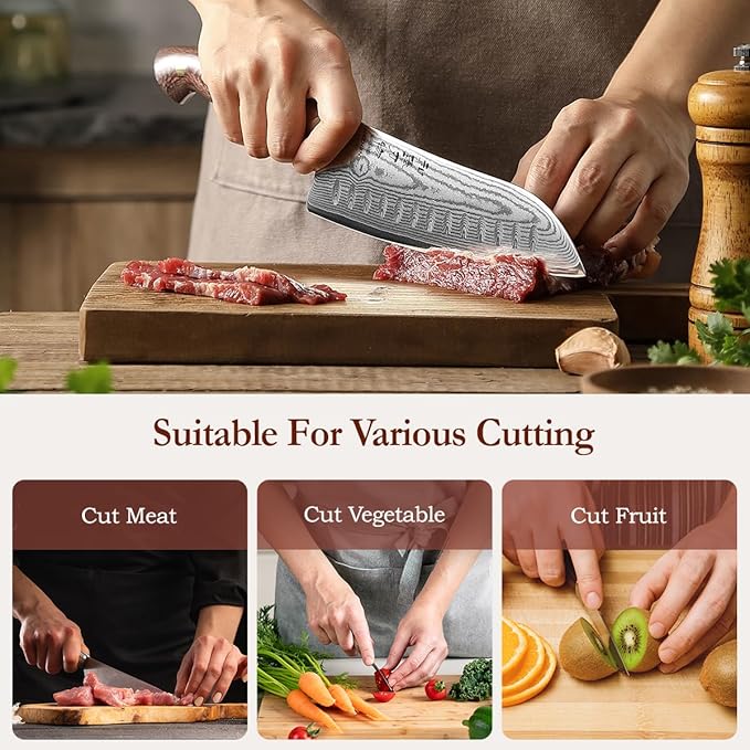 HEZHEN Santoku Knife with Wooden Sheath,7.3 Inches, 67 Layers Damascus Steel Kitchen Knife for Professional Chefs and Family, Micarta Handle,Gift Ready