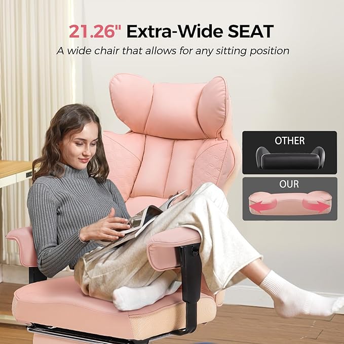 COMHOMA Big and Tall Office Chair 400LBS Wide Ergonomic Gaming Chair with Deluxe Embossing Designed Leather with Foot Rest,150°Reclining Adjustable Armrests Pocket Spring Back Support and Pillow