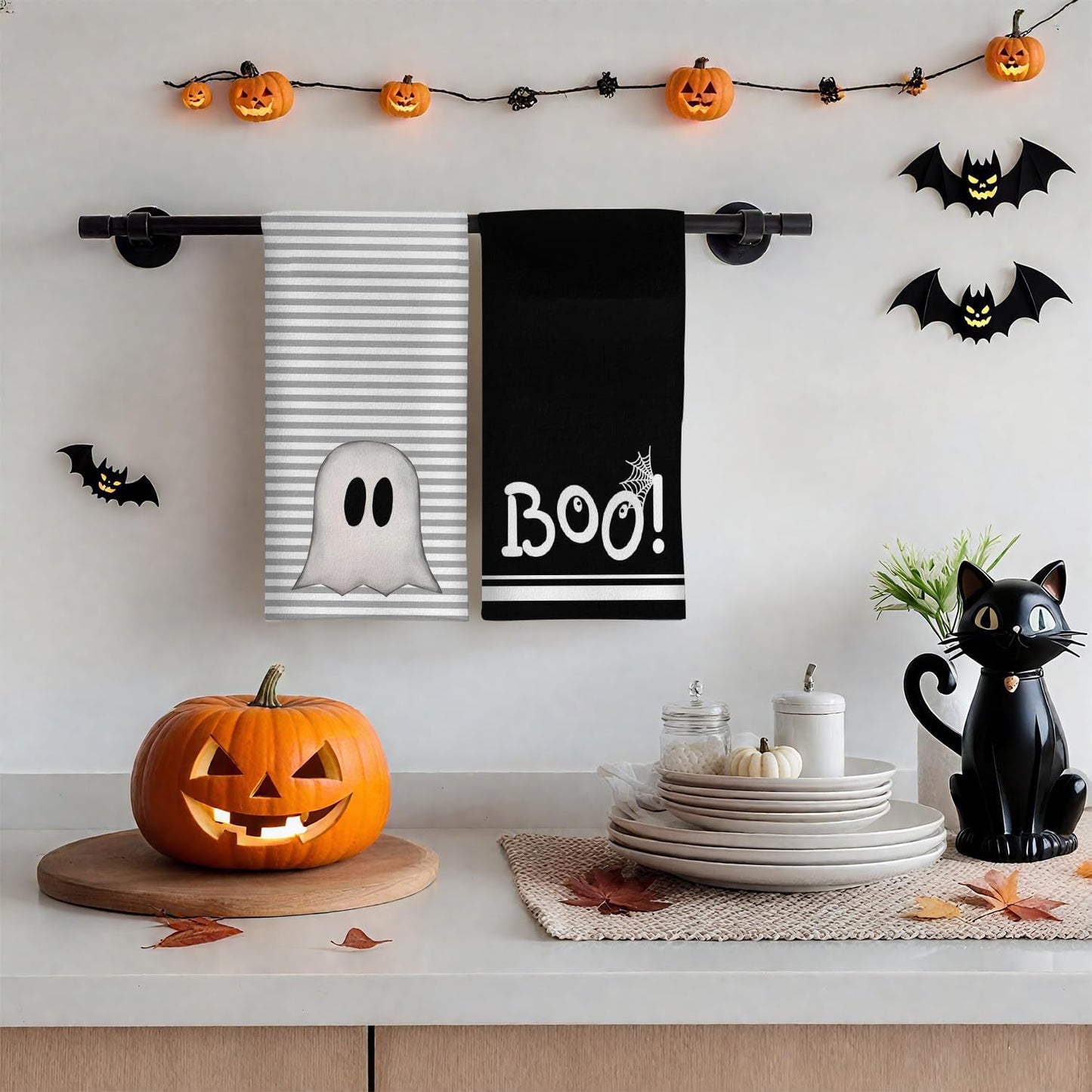 Ghost Boo Halloween Kitchen Towels Dish Towel, Stripes Decoration Hand Towels, Hand Drying Tea Towel for Halloween Baking Cooking Home Kitchen Decor Housewarming Gift Set of 2, 18x26 Inch