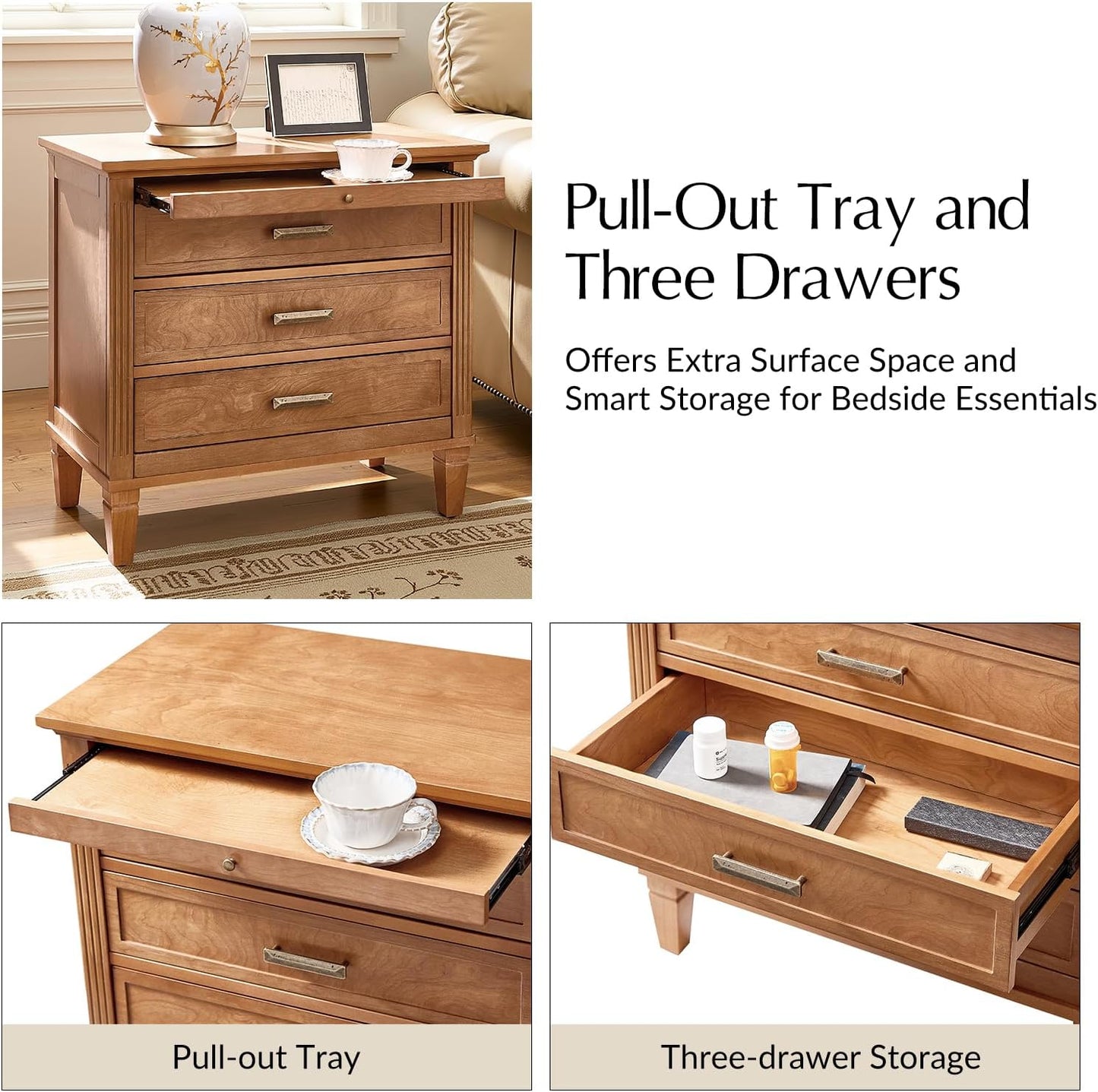 HULALA HOME Farmhouse Nightstand with Charging Station, Pull-Out Tray, 3 Drawers Nightstand with Solid Wood Legs, Wood Veneer Bedside Table with Open Shelf Set of 2, Acorn