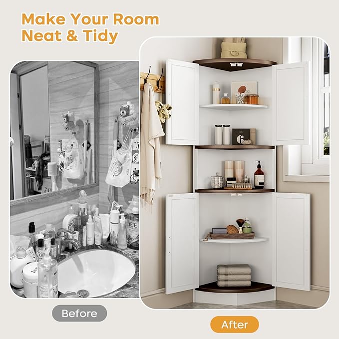 64.8" Farmhouse Corner Cabinet, Dining Room Tall Corner Cabinet with 4 Barn Doors and 5 Storage Shelves, Bar Storage Cabinets for Kitchen, Living Rooms, Laundry Room White