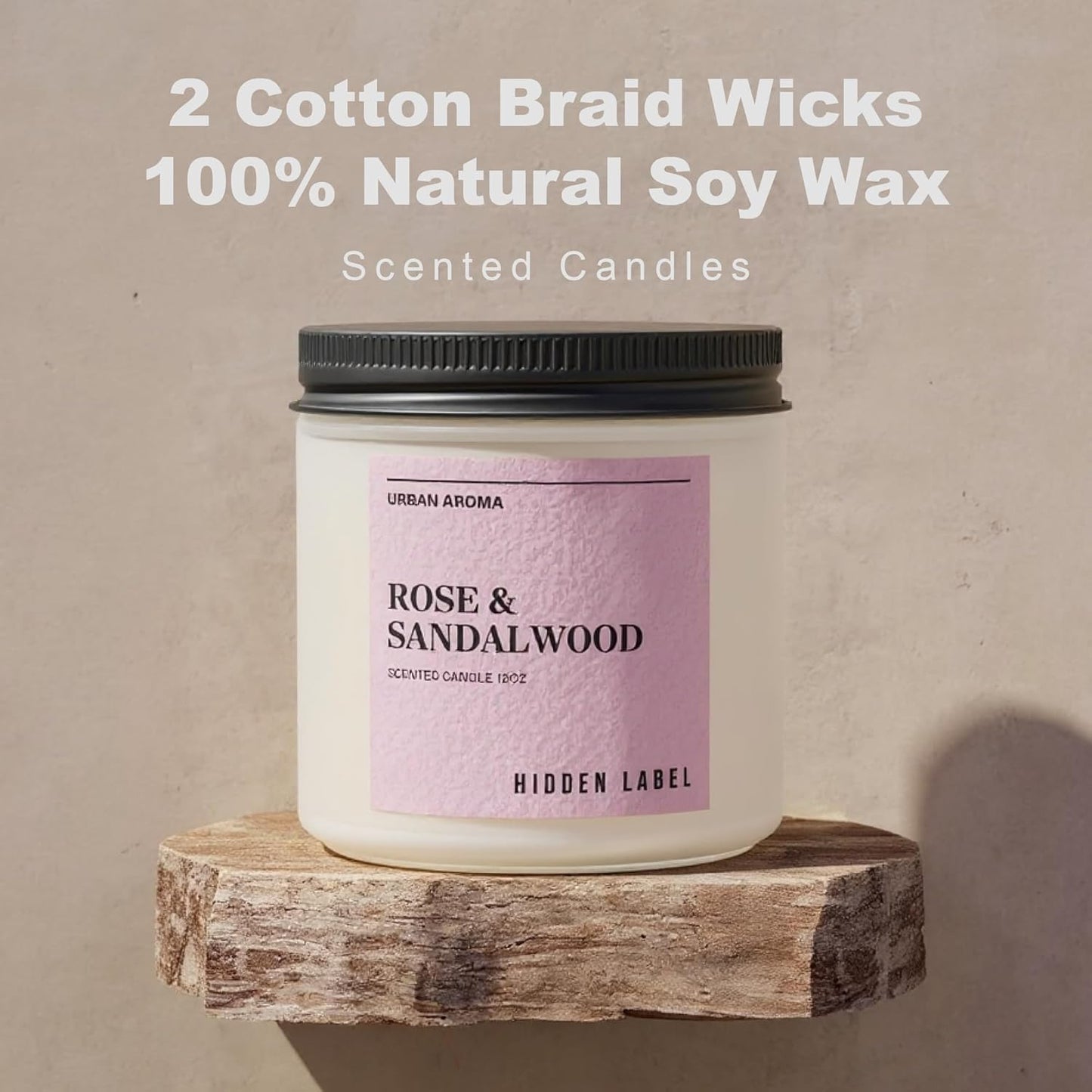 Hidden Label Rose & Sandalwood Scented Candle, 12oz 2 Wick Natural Soy Non Toxic Candles, Clean Burning Long Lasting Aromatherapy for Home | Gifts | Décor,Premium Scents for Relaxation & Stress Relief