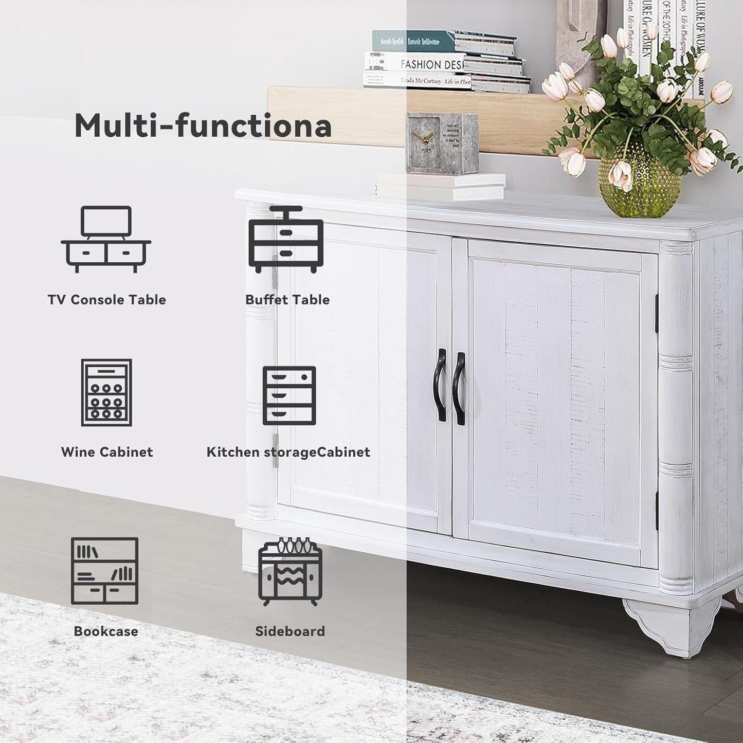 HMFULE 40" Sideboard Cabinet 2-Doors Solid Wood, Buffet Cabinet with Storage Adjustable Shelf, Antique Console Table Accent for Hallway, Living Room, Dining Room, Kitchen, Entry Way (White)